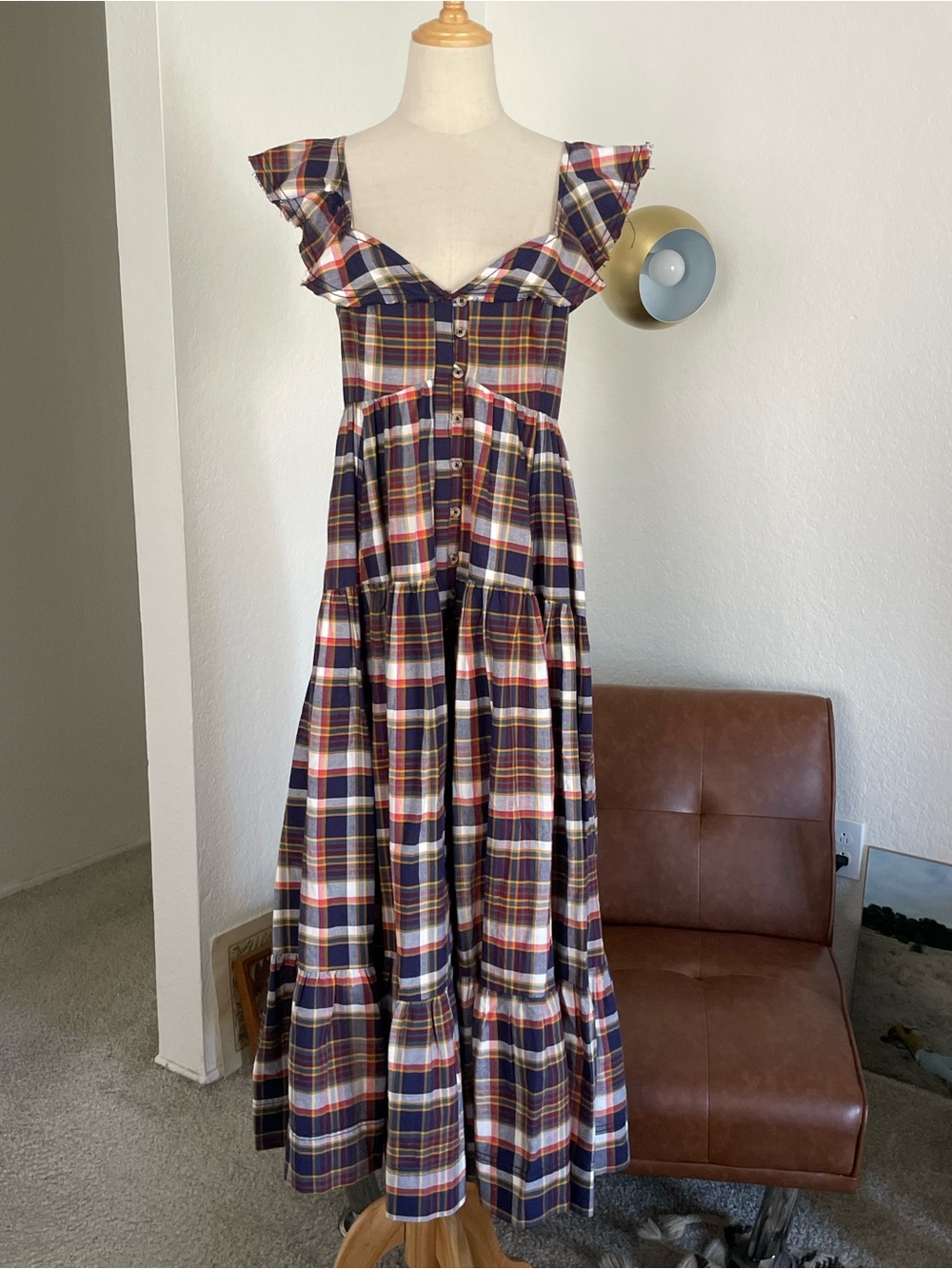 Anthropologie Pilcro Plaid Flannel Flutter Sleeve Buttoned Tiered Midi Dress